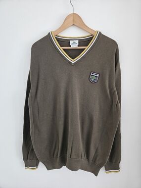 Lacoste Olive Green V-Neck Sweater Mens 2XL Yellow Trim